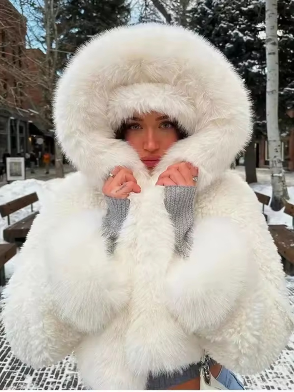 Plush White Faux Fur Hooded Jacket